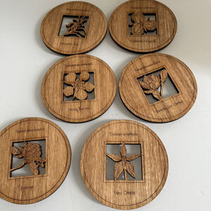 Vintage Carved Wooden Botanical Retro Drinks Coasters x 6 Floral Bamboo